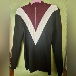 Ribbed Black, White & Burgundy Long Sleeve 1/2 Zipper Sweater